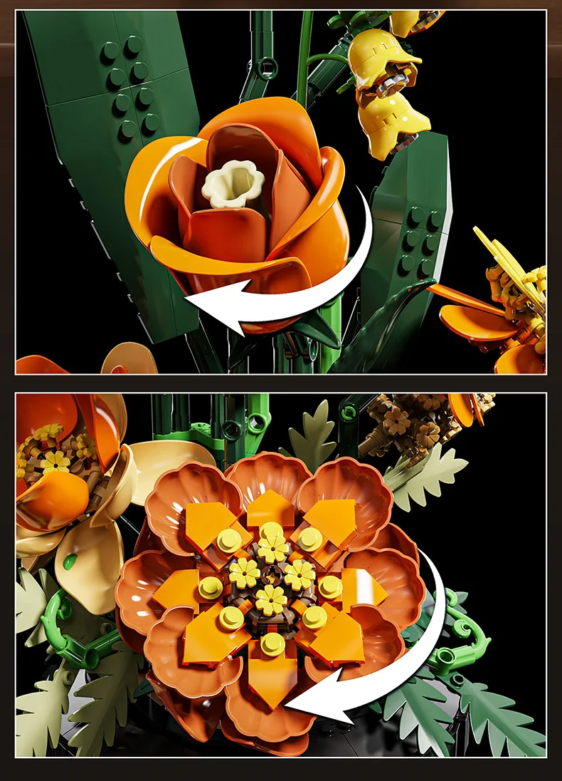 Blumen-Bausteine, Orchidee Cymbidium, Ewiger Blumenstrauß, Bausatz, botanisches Rosen- und Gänseblümchen-Modell, Mini-Bausteine, Spielzeug zur Heimdekoration – Detail 19