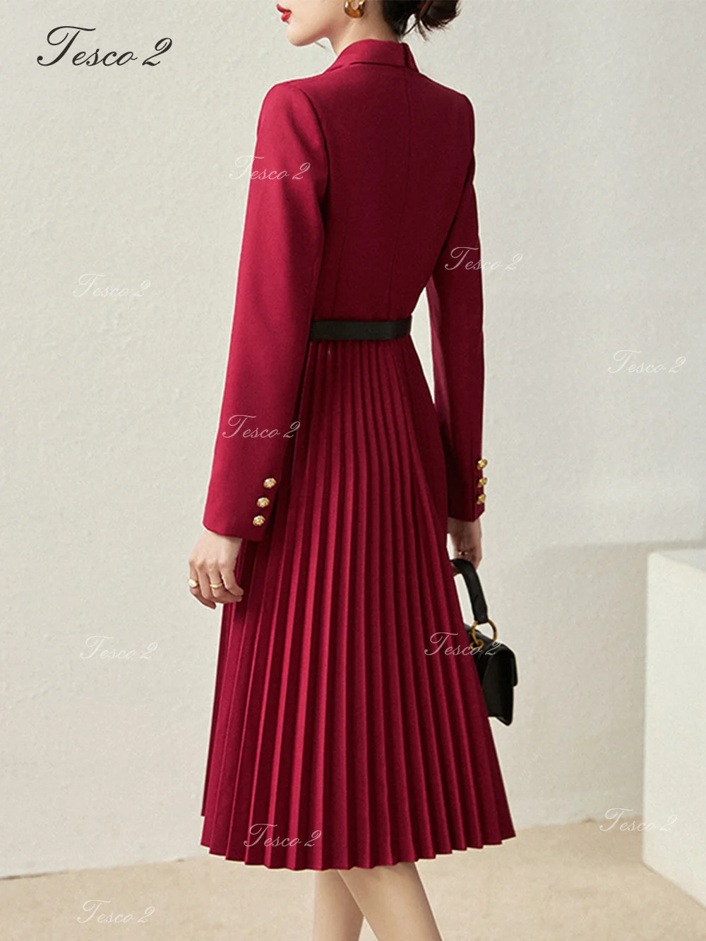 

Formal Occasion Women Dress Long Sleeve Suit Collar A-Version Pressed Pleated Long Dress For Women Office Ladies' Commuting Wear