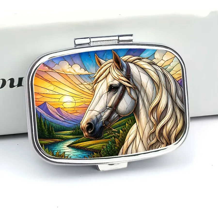 Stained Glass Style White Horse Metal Pill Box, Small Portable Travel Pill Holder, Art Decor Storage Case for Pills & Vitamins