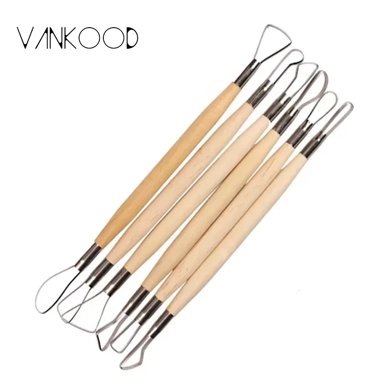 6Pcs/Set Wooden Handle Wax Pottery Clay Sculpture Carving Tool Art Craft Clay DIY Set Wood Knife Tools