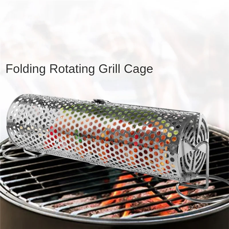 

A78Z-Barbecue Rolling Grill Basket BBQ Net Tube Grill Basket Grid Open BBQ Grill For Travel Camping Picnic BBQ Accessories