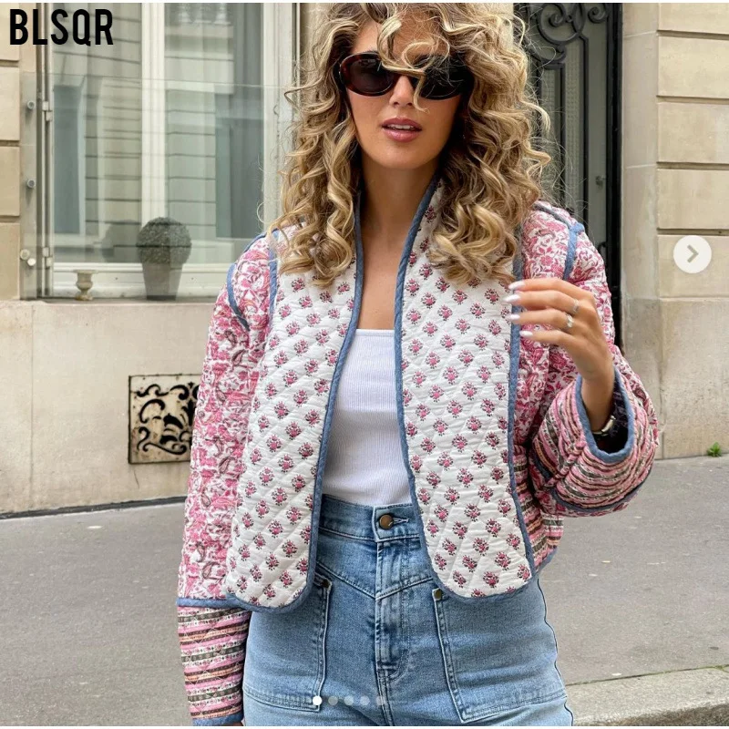 2024 Autumn and Winter Women\'s Printed Double-sided Cotton Jacket Cardigan Color Matching Small Cotton Jacket Women