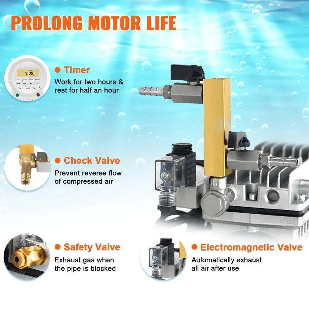 Aerator 550W Power 5.2CFM 3 Acre 50FT 3/4 Compressor Timer Valves for deep Water Oxygen Circulation for pond Lake No Diffuser