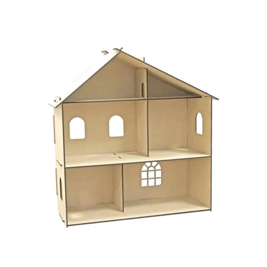 

Dollhouse Kit, Unfinished Wooden Bungalow Display, Natural, 24" x 23.3" x 8.5", 1-Pack