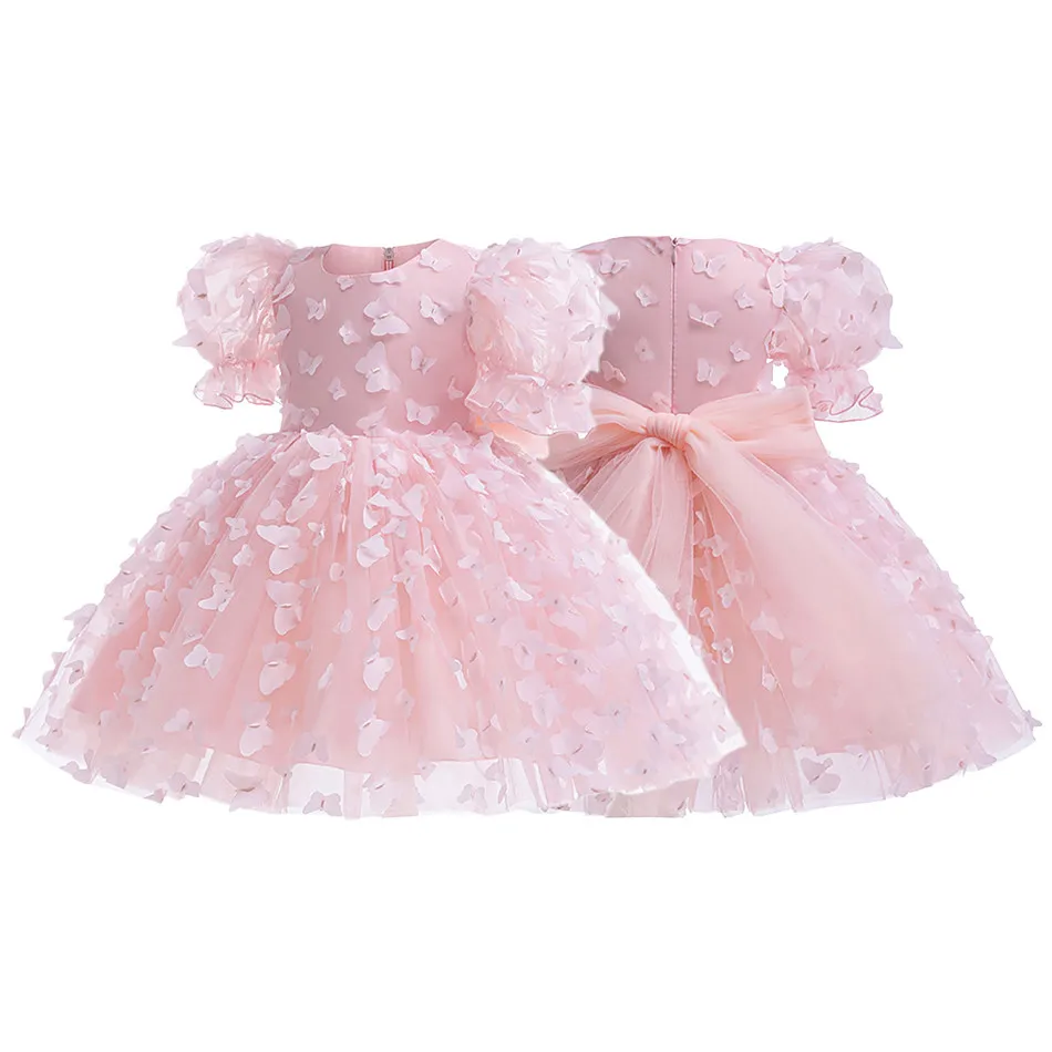 Ethereal Girls Casaul Dresses Stage Costume with 3D Butterflies Puffy Sleeve Full Tulle Skirt for Whimsical Performance Ensemble