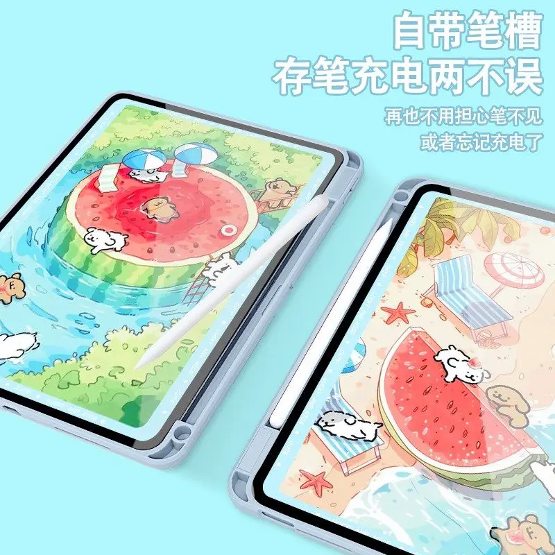 حافظة دوارة على شكل كلب البطيخ لجهاز iPad 2025/Pro 11/10/9/Air 7/6، غطاء خلفي صلب من الأكريليك مع فتحة قلم رصاص وحامل ثلاثي الطي #4