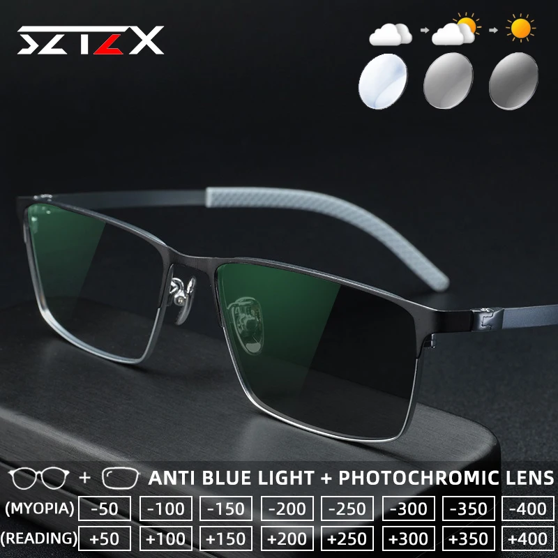 

SZTZX Business Fashion Titanium Photochromic Reading Glasses Blue Light Blocking Myopia Glasses Progressive Prescription Eyewear
