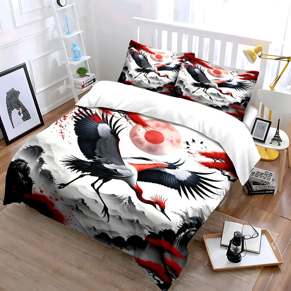 Red Crane Flying Under Crimson Moon Print Soft Comfortable Duvet Cover Bedding Set Included 1*Duvet Cover 2*Pillowcases