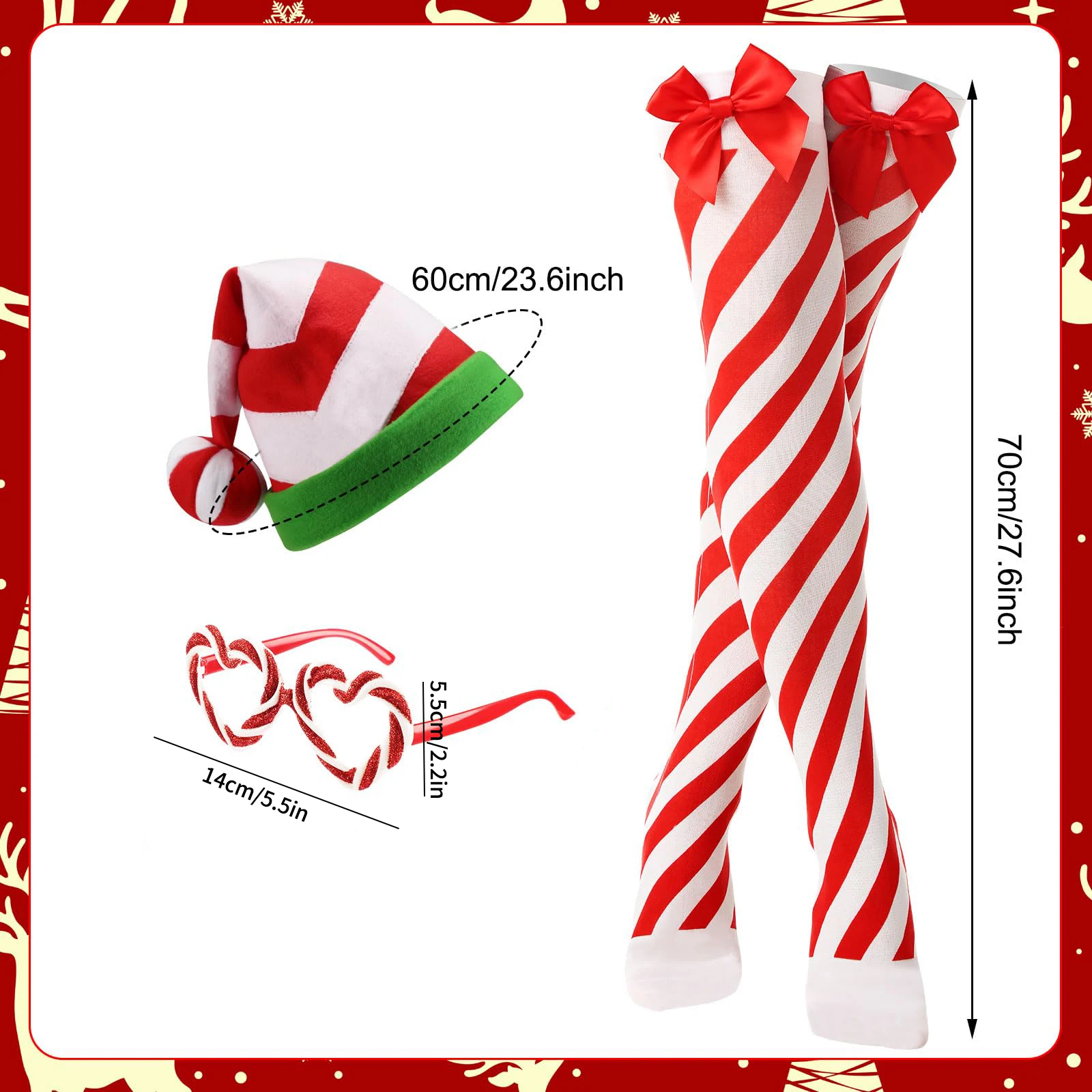 3 Pcs Women Christmas Candy Cane Costume Santa Hat Tutu Dress Striped Tights Glitter Frame Glasses Gloves for Christmas Party