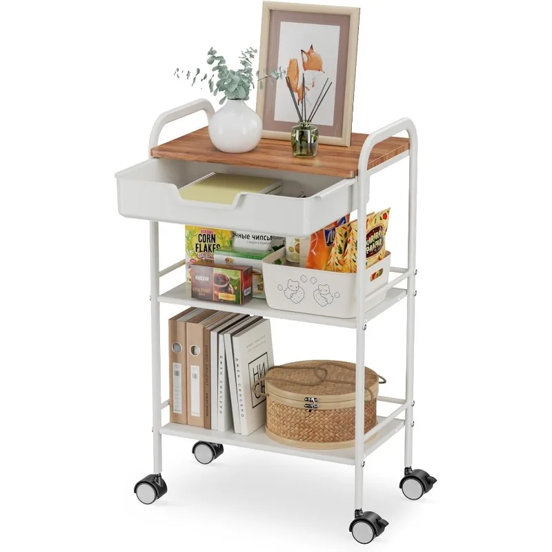 3 Tier Rolling Cart, Utility Cart with Drawer and Table Top, Metal Rolling Kitchen Storage Organizer Cart with