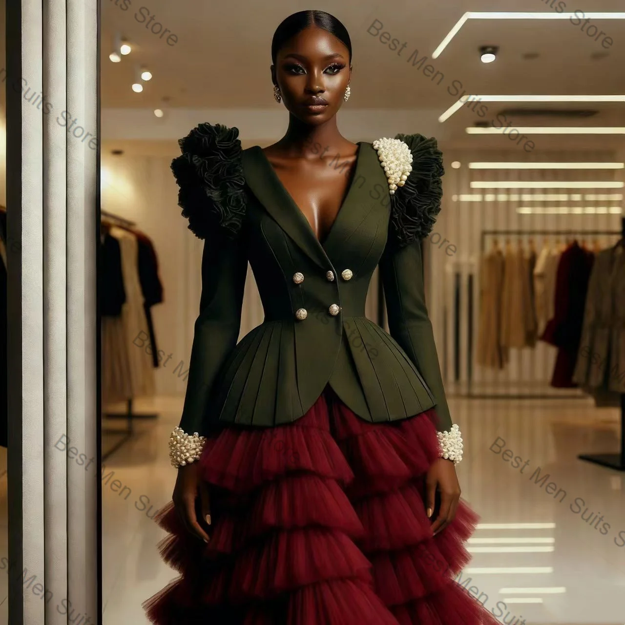 

Green Red Women Suit Set 2 Pcs Blazer Prom Dress Tiered Tulle Skirt Ankle Length Formal Office Jacket Customized Wedding Coat