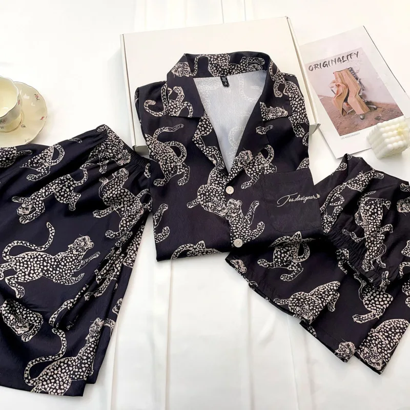 2024 Three Piece Ice Silk Pajama Short Sleeve Set Black Leopard Women's Summer Luxury Print Ins Style High-end Fashion Nightgown