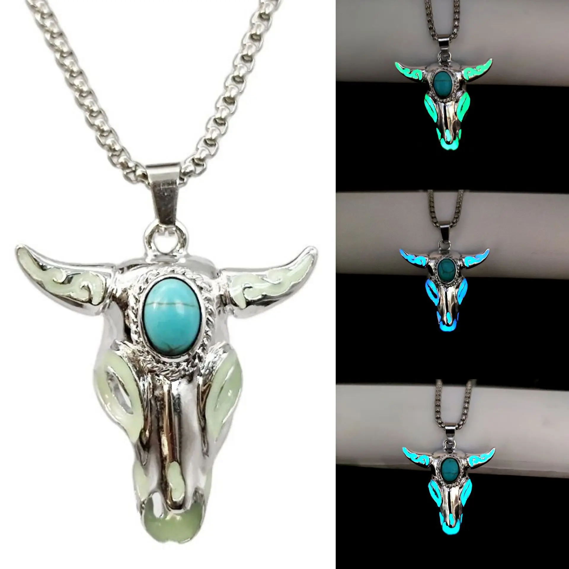 

New Hot Selling Turquoise Skull Bull Head Stainless Steel Luminous Necklace Vintage Animal Luminous Pendant Necklace