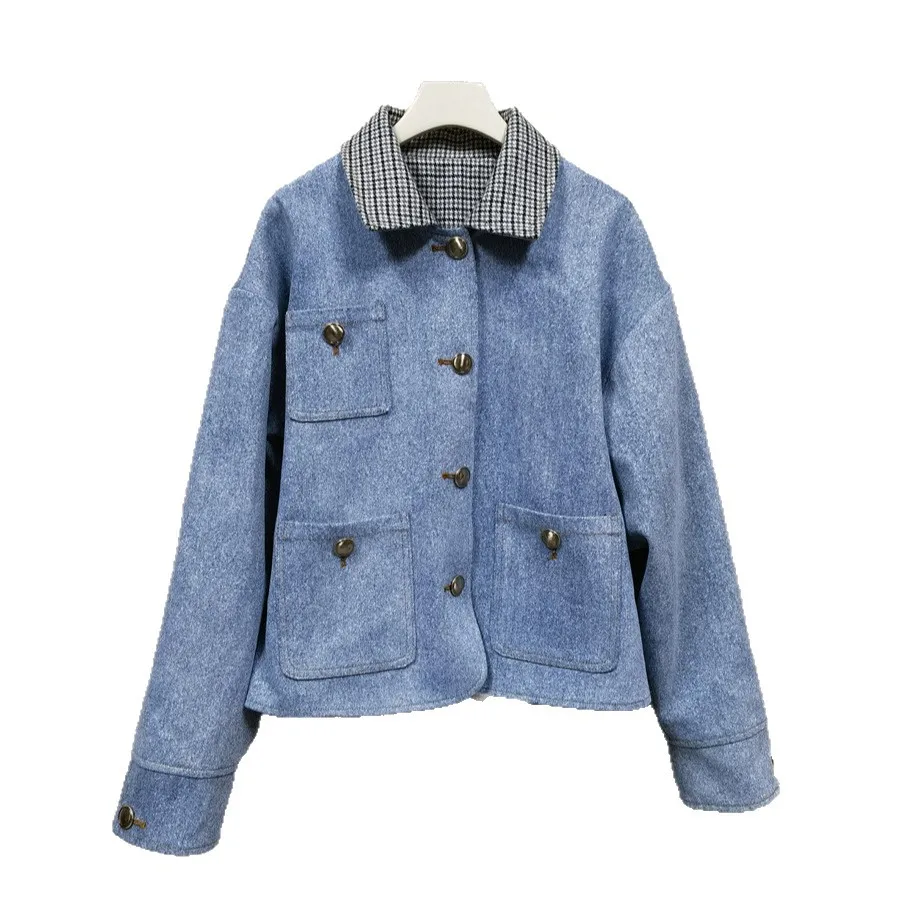 【Darmowy Prezent】 Kurtka jeansowa damska w kratę w stylu retro na wczesną jesień 2025, styl uniwersytecki, luźny krój, bluzka z długim rękawem