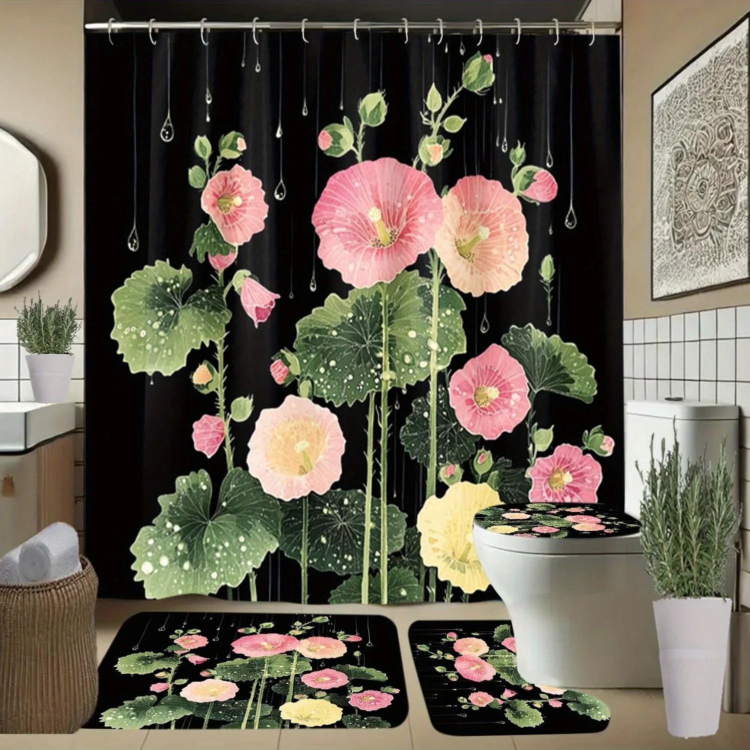 

Floral and Leaf Pattern Shower Curtain with Hooks, Bathroom Partition Curtain, Bathroom Accessories, All-Season Elegant Home