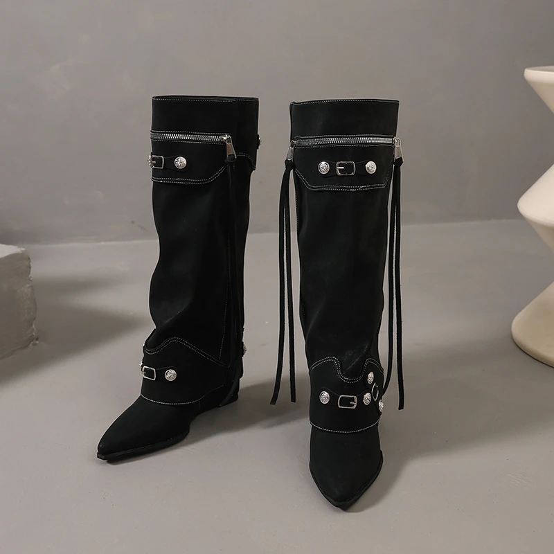 Thigh Boots 2026 Western Denim New Autumn Pointed Toe Piles of Foreign Leather Shoes view 5