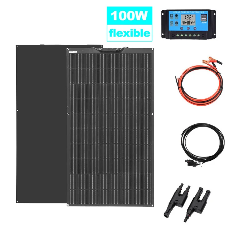 Kit Pannello Solare Flessibile 200W 100W 12V 24V, Pannelli di Ricarica Solare, Controllore per Sistema Fotovoltaico, per Casa, Roulotte, Esterni, Camper
