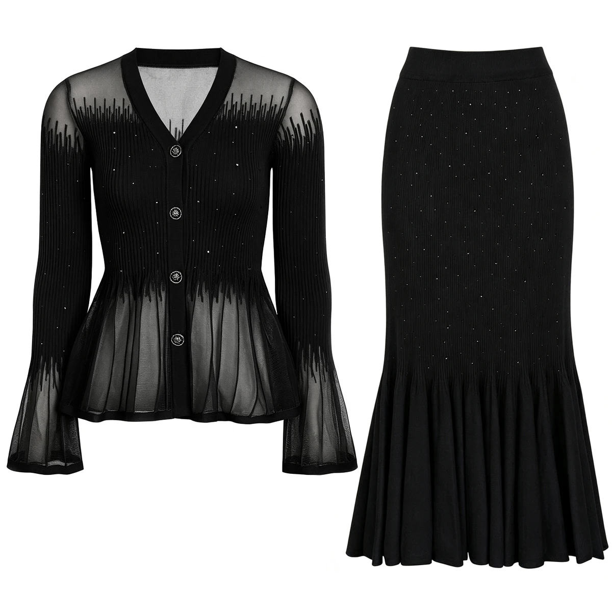26202 Hochwertiges Herbst-Neuheit Modisches Pendler-Outfit Farbkontrast Hot Diamond Strick-Damen-Langarm-Oberteil Mantel+Rock Set