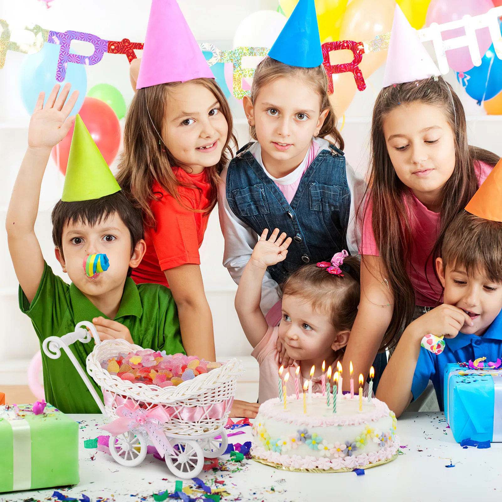 

2Pcs Imitation Rattan Shopping Cart Basket Decorative Candy Storage Basket Party Supply Baby Shower Decor