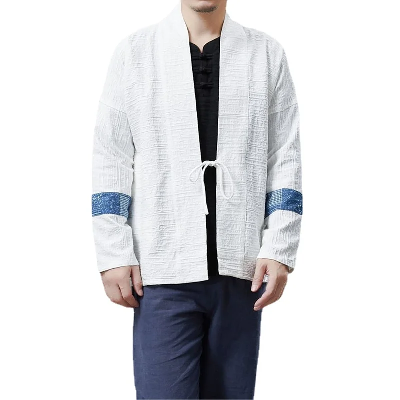 Chinese Style Men's Patchwork Cotton and Linen Cardigan Hanfu Ethnic Style Loose Robe Chinese Retro Jacket