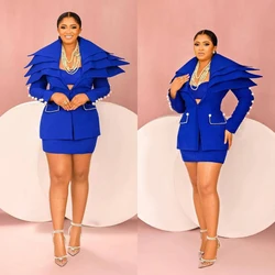 2 Pieces Royal Blue Women Suits Set Wedding Designed One Button Pearls Jacket +Mini Skirt Party Prom Dress Tuxedo Custom Made