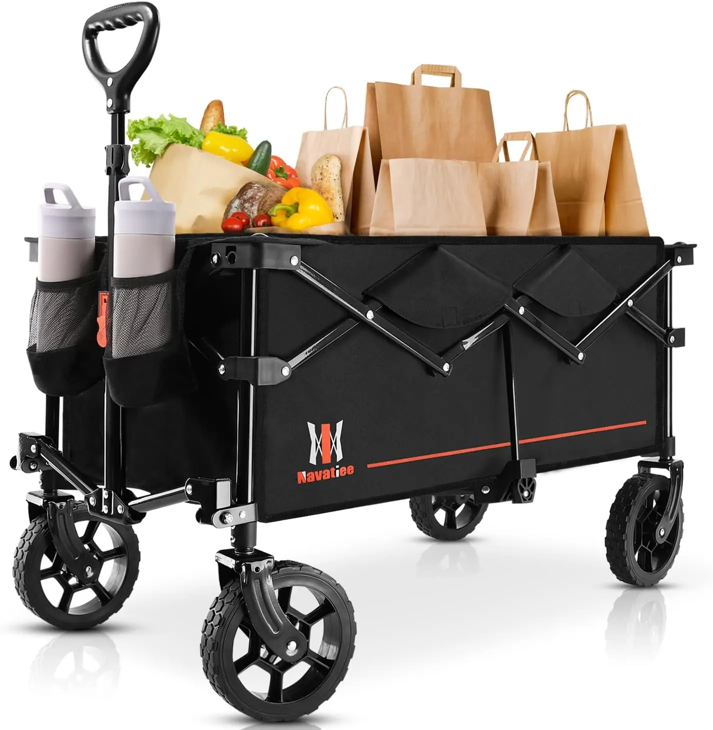 

Collapsible Folding Wagon, Wagon Cart Heavy Duty Foldable with Two Drink Holders, Utility Grocery Wagon for Camping Shopping