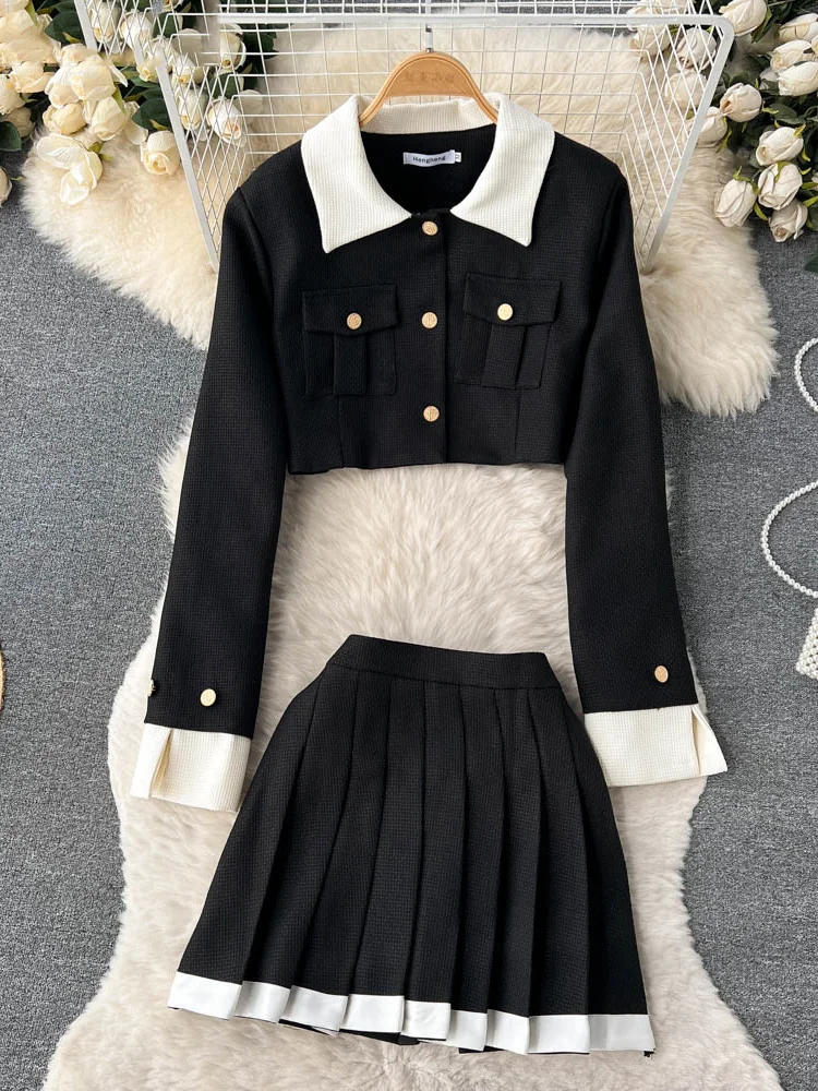 2024 fall High Quality ensemble femme 2 Piece Sets Women Outfits Fashion Short Jacket Coat + Pleated Skirt conjuntos de falda