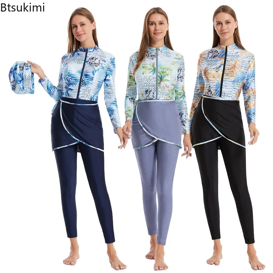 

Новая мода мусульманский купальник женский скромный купальник с длинным рукавом с принтом комплект из 3 предметов исламский буркини купальный костюм Femme Musulmane