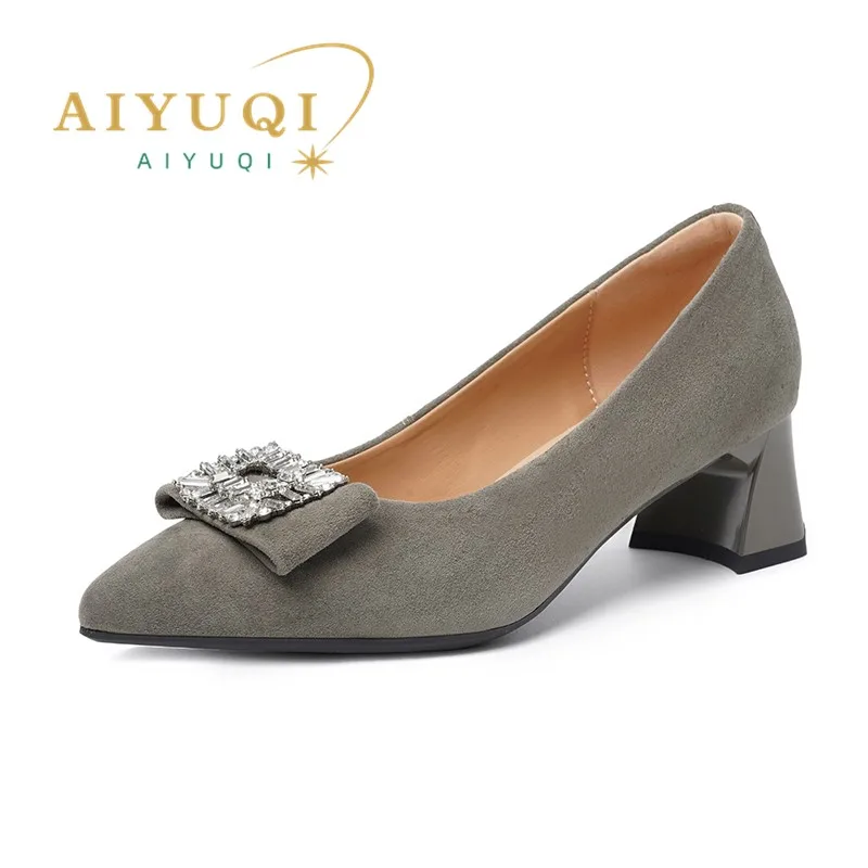 AIYUQI Women\'s Dress Shoes Genuine Leather 2024 New Fashion Rhinestone Ladies Shoes Pointed Toe Pumps Women\'s Office Shoes