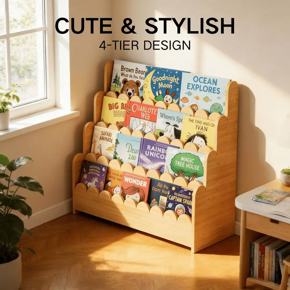 スカラップ型のモンテッソーリ幼児用本棚 木製ブックシェルフオーガナイザー 子供部屋、プレイルーム、保育園、教室用 幅26.64インチ 1