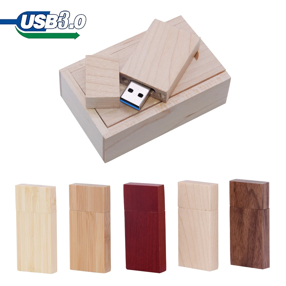 50PCS/LOT USB 3.0 Flash Drive 128GB Free Customer Logo Memory Stick 64GB Wooden Box Pendrive 32GB8GB Real Capacity Bamboo U Disk