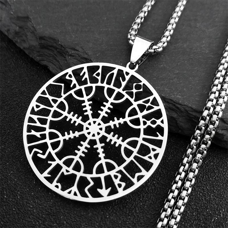 Wikinger Kompass Helm Rune Amulett Halskette Silber Farbe Edelstahl Symbol des Schutzes Halskette heidnischen Schmuck n7024s01