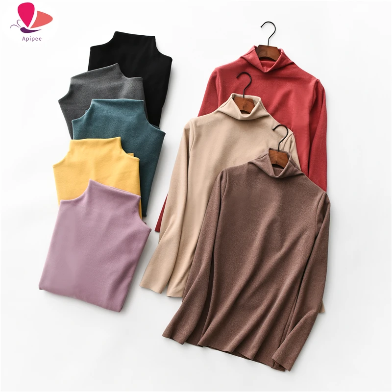 Autumn Winter Seamless Double-Sided T Shirt Women Half-Collar Brushed and Thick Long-Sleeve T Shirts Warm Tops Tees