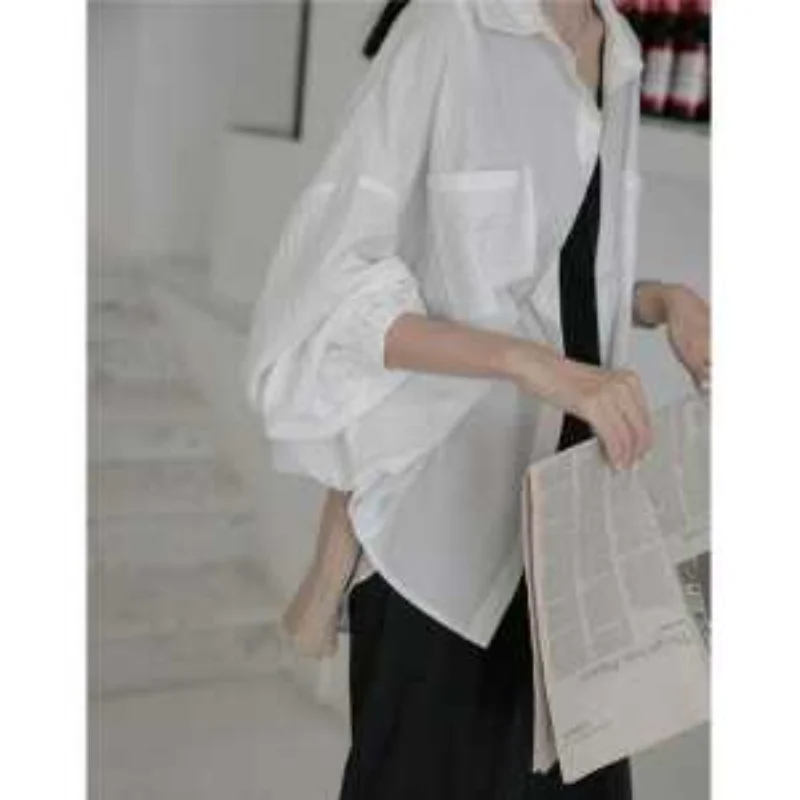 

Retro Women's New Style Spliced POLO Collar Button Fashion Solid Color Versatile Casual Long-sleeved Shirt