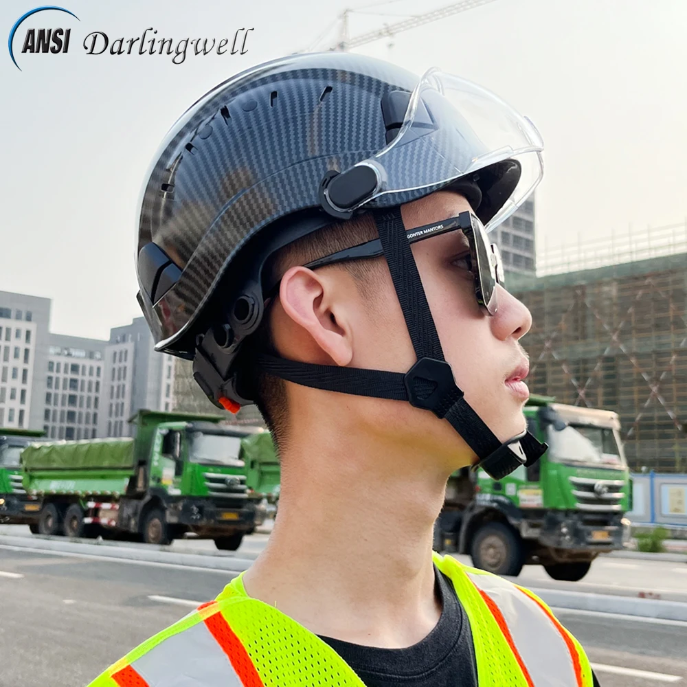 Carbon Fiber Pattern Safety Helmet With Goggles For Engineer Construction Hard Hat Visor High Quality ABS Work Cap Industrial