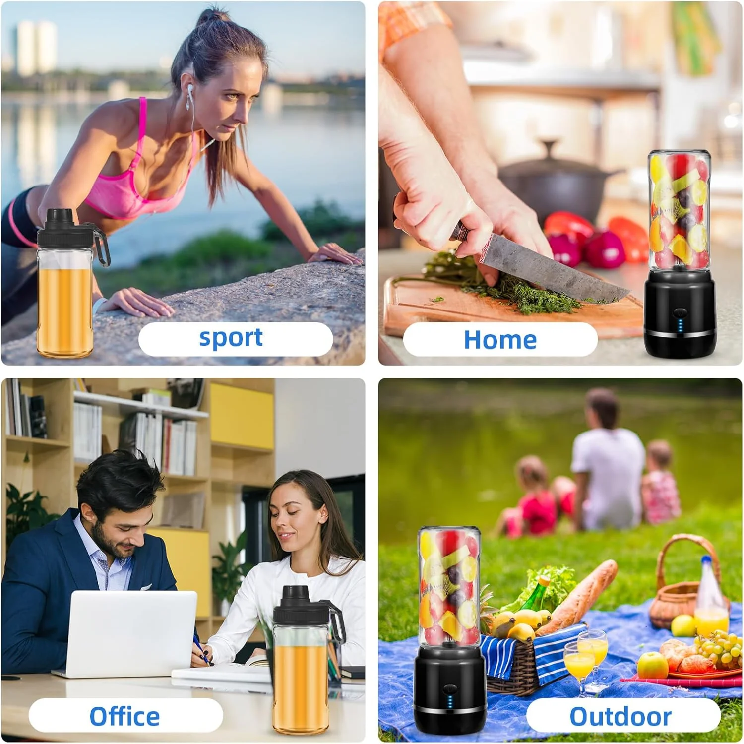 خلاط محمول، قابل لإعادة الشحن عبر USB، سعة 400 مل، قطع وخلط عالي السرعة، تصميم بستة شفرات، أسود