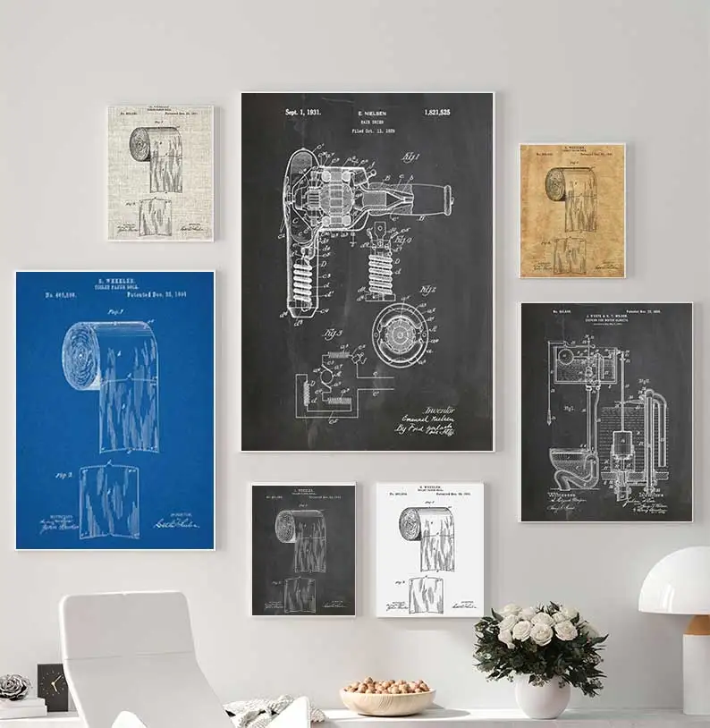 Toilet Paper Patent Vintage Poster, Bathroom Wall Art Prints, Toilet Paper Roll, Canvas Painting Blueprint, Toilet Sign