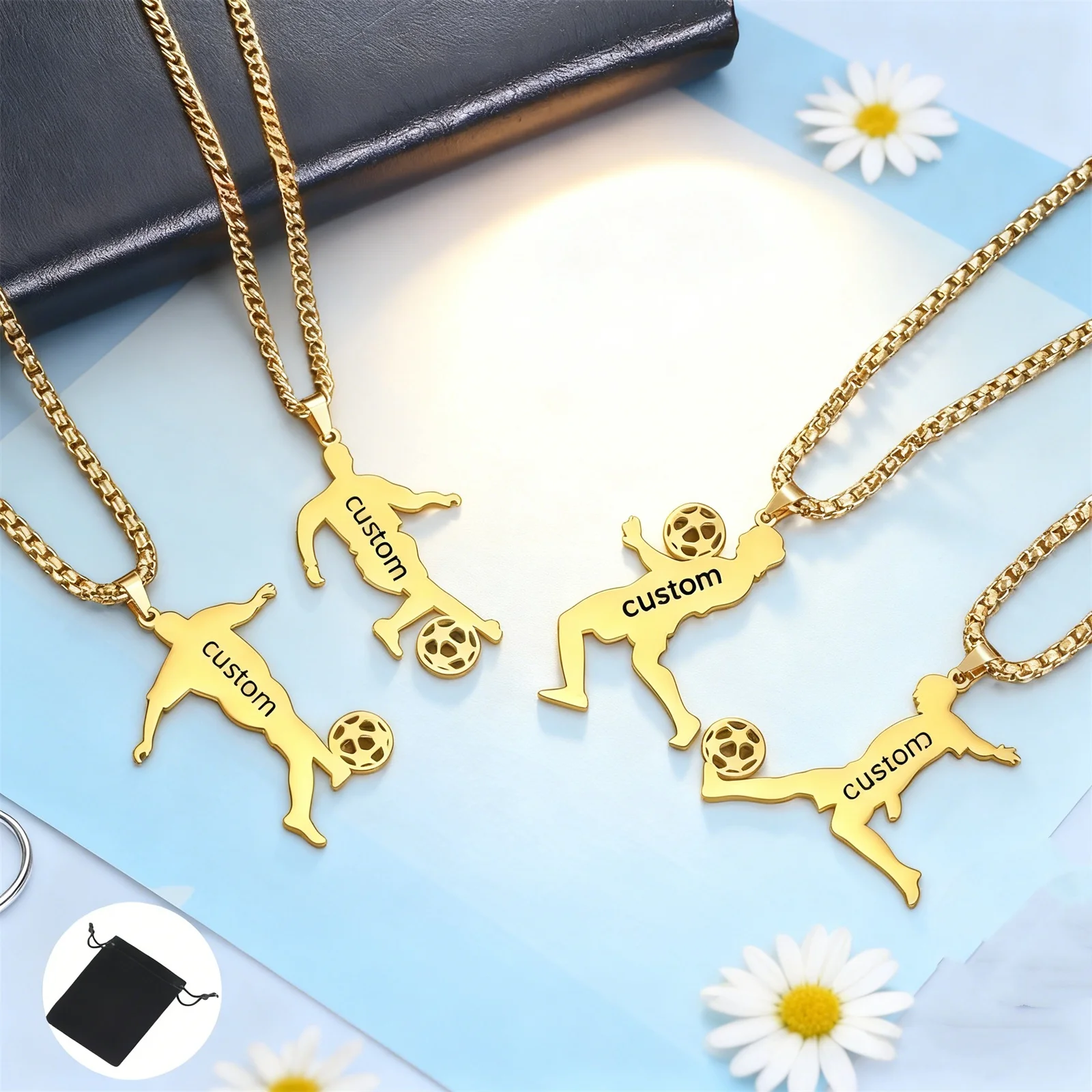 Personalisierter Name, Datum, Nummer, Fußball-Action-Charakter-Halskette, Edelstahl, personalisierter Sport-Freizeit-Schmuck, Fan-Geschenk