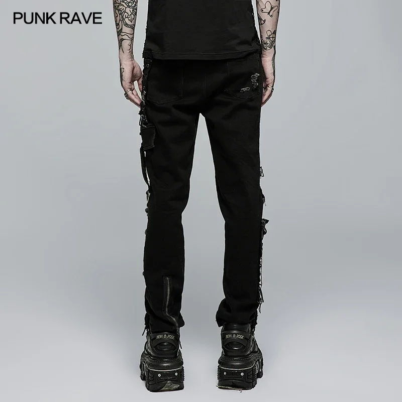 PUNK RAVE New Men\'s Punk Rock Broken Hole Net Black Long Trousers Gothic Casual Male Motocycle Cotton Denim Pants Visual Kei