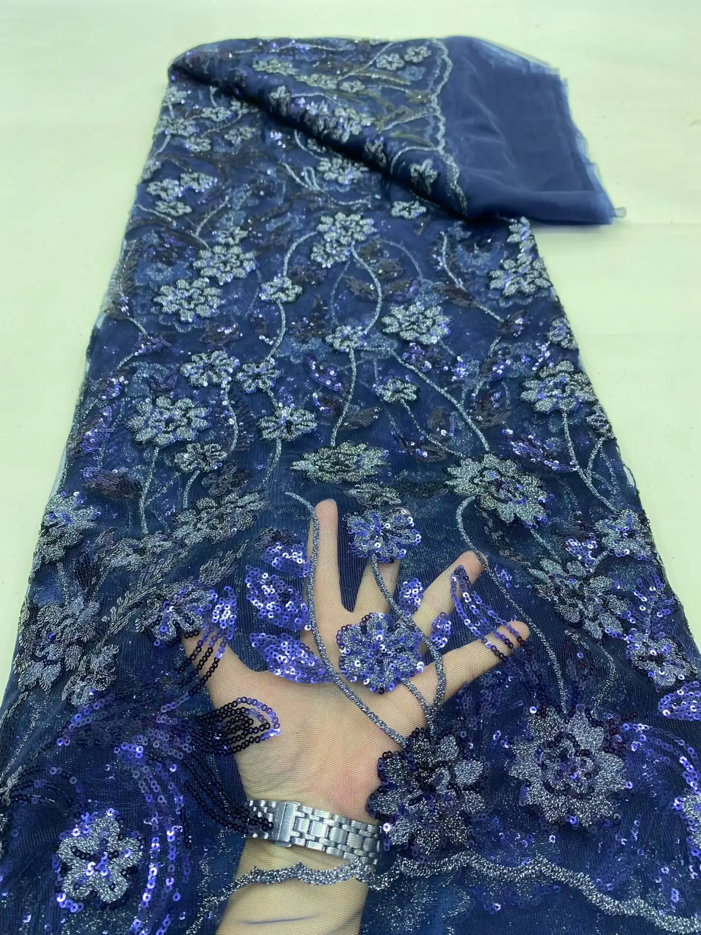 

2025 African Nigerian High-Quality Sequins Tulle Lace Fabric for Prom Dresses Beads Embroidery Sewing Net Cloth 5Yard DP0465