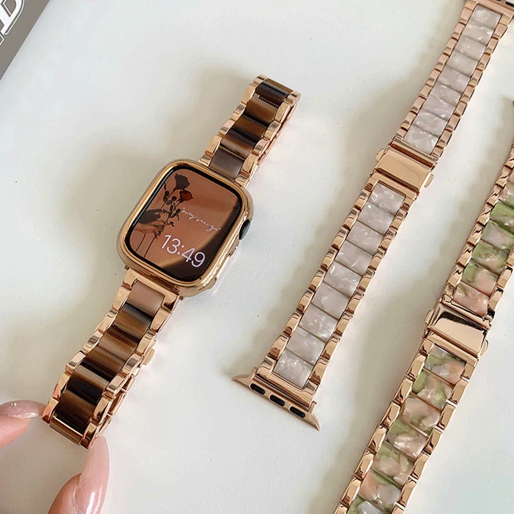 Luxury Women Resin Strap For Apple Watch Ultra 49mm Band 38 40mm 44 42mm Metal Bracelet for iWatch 8 7  6 5 4 se 3 2 1 41mm 45mm