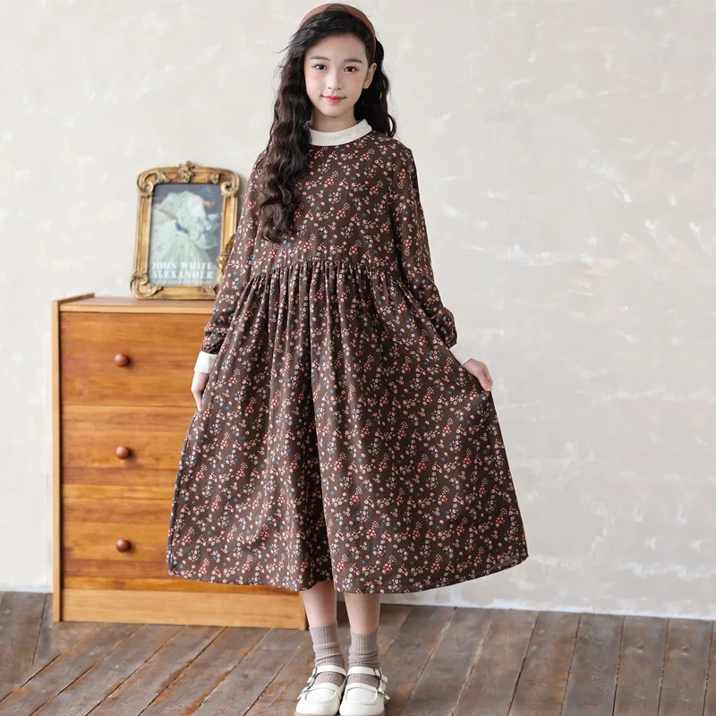 

6 to 16 years kids teen girls fall autumn floral print midi flare dress children big girl fashion flower print dresses clothes