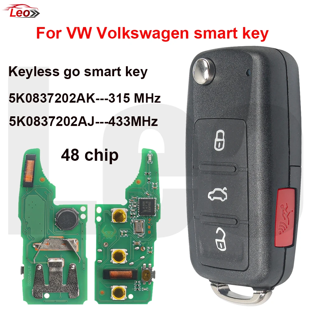 Leo 5K0837202AK/202AJ 315/433MHz 48chip Smart Key for VW Volkswagen Beetle CC Eos Golf GTI Jetta Passat Tiguan Touareg 2010-2016