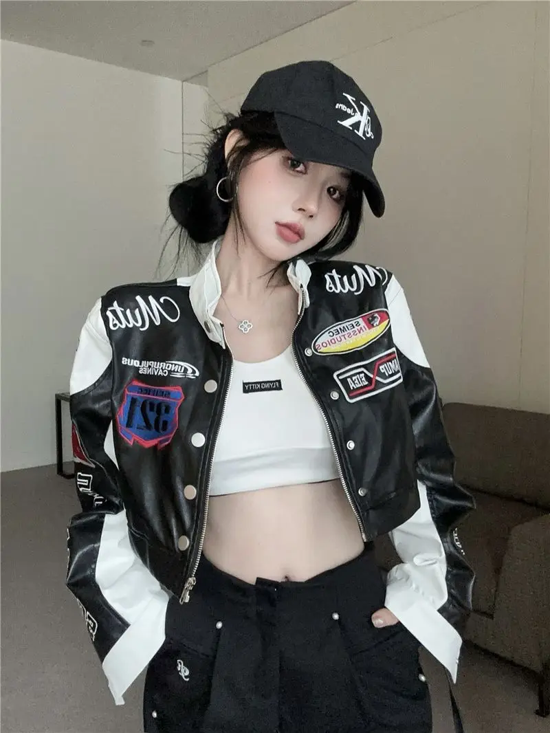 2024 Spring Autumn Coat American Street Hot Girl Motorcycle Couple Leather Jacket PU Leather Embroidered Baseball Uniform Jacket