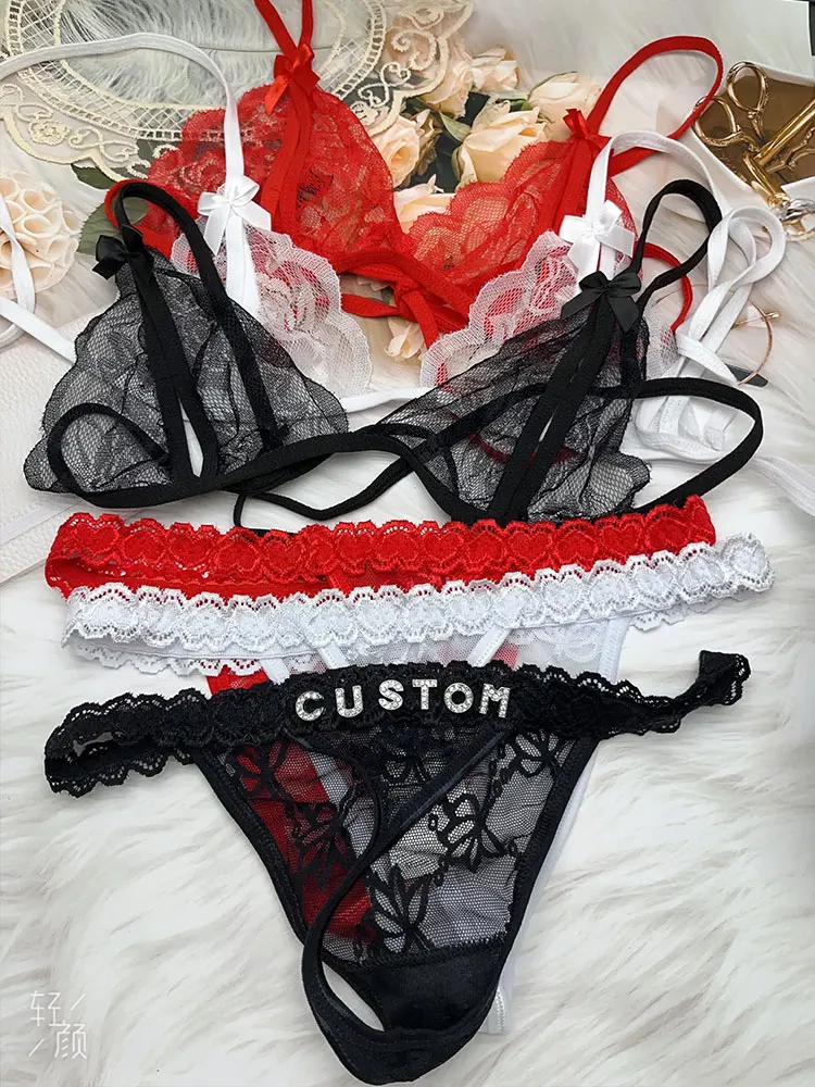 Benutzer definierte Dessous-Sets mit Namen Tangas Bikinis Frauen BHs setzt G-String mit Buchstaben Valentinstag Geschenk personal isierte Unterwäsche