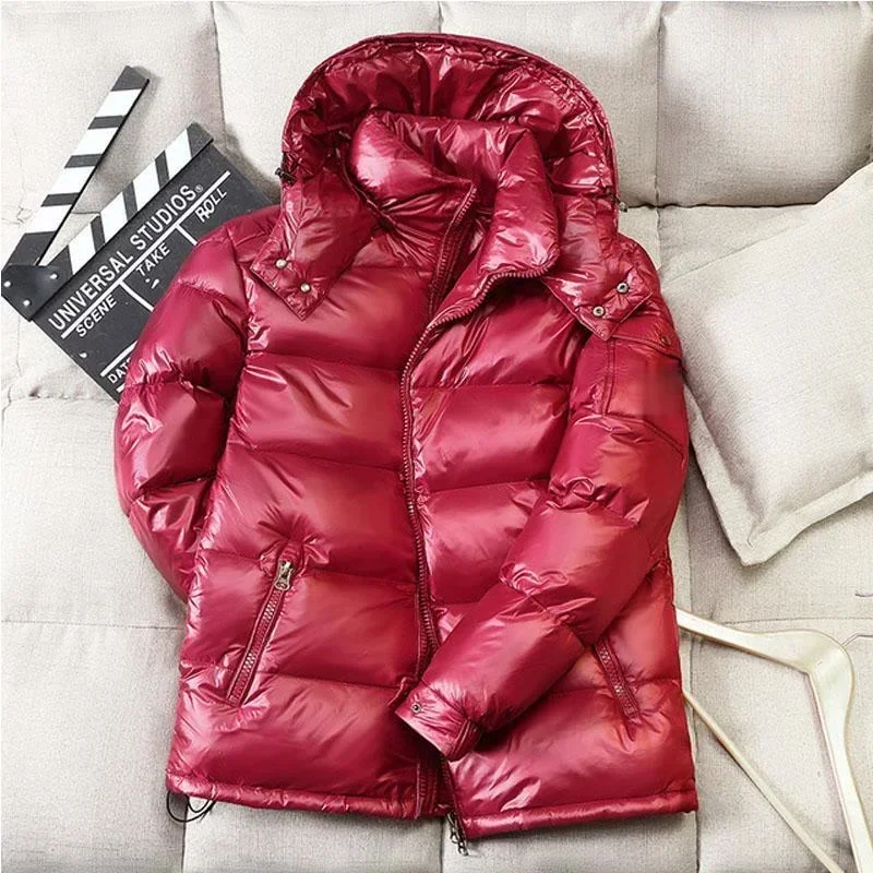 Glossy Thick Down Jacket Men Winter Warm Hooded Jackets Male Casual Loose Waterproof Solid Color White Duck Down Couple Coats