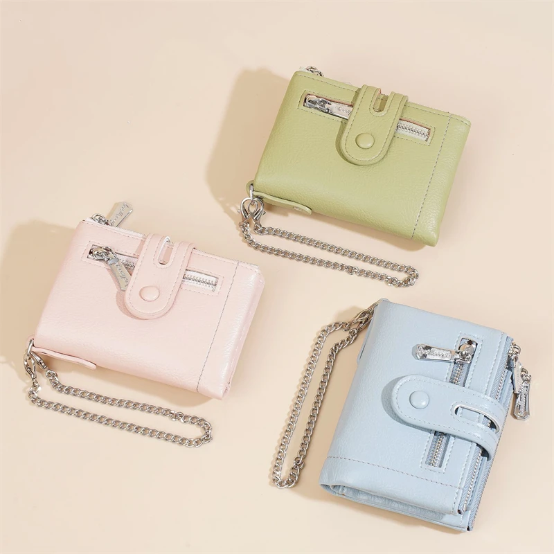 2025 Wallets for Women Short Female Zipper Coin Purse Leather Card Holder Chain Wristband Banknotes Clip Bag Clutch Money Pocket