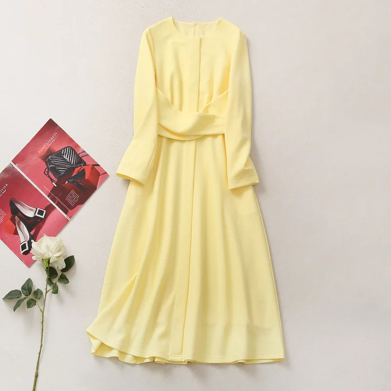 Kate Middleton Early Fall New Arrival Womens Round Neck Long Sleeve Waist Cinched Wrap Midi Dress Yellow Flowy A Line Silhouette view 3