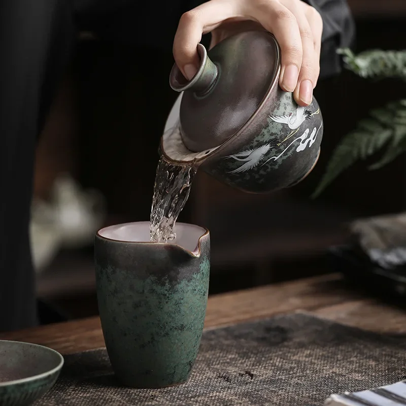 Sancai Tureen Ceramic Kung Fu Tea Creative Crane Home Queen Cup Tea Bowl Sopera De Ceramica Gaiwan Coarse Pottery Tea Set