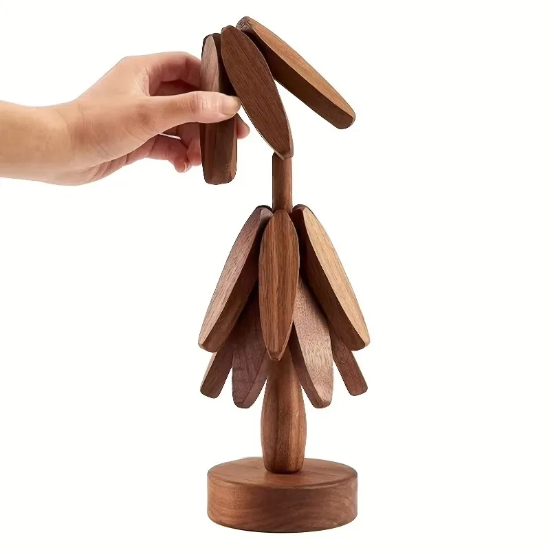 Juego de 4 Posavasos Madera para Platos Calientes, Plegables, en Forma Árbol, Nogal Negro, Aislantes del Calor, para Ol